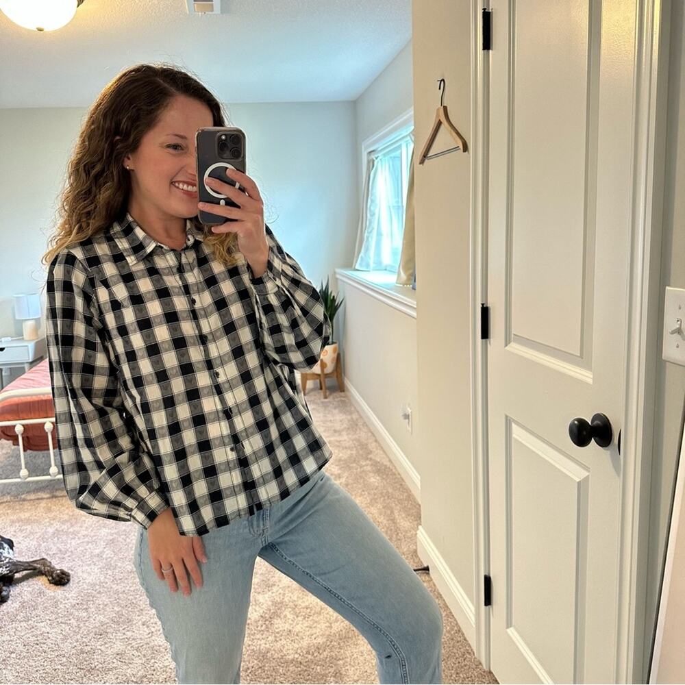 THE GREAT. Black White Heart Plaid Cotton Linen Blouse Top Small 1 - Picture 2 of 10
